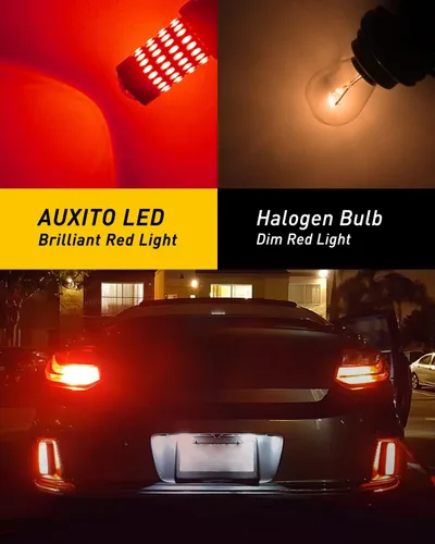 Vista 3 de Auxito Focos LED 3157 mejorados, rojo, 500% más brillantes, 3056, 3156, 3057, 4157, chip 102-SMD, proyector para luces de freno, freno trasero, Rojo