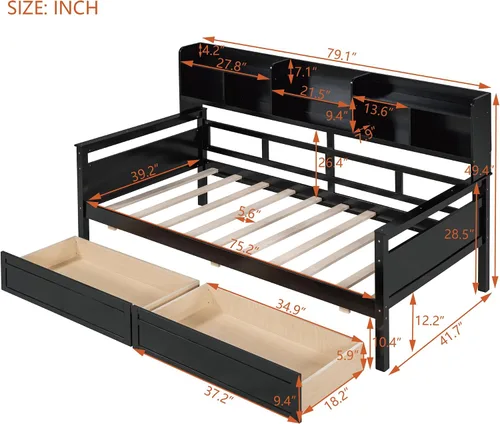 Vista 2 de Sofá cama de tamaño individual con cajones, sofá cama individual de madera con estante de noche, soporte de listones de madera, espresso
