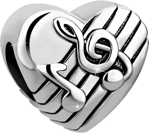 Vista 2 de KunBead Dijes de cuentas de corazón de plata con nota musical musical, compatibles con pulseras Pandora, regalos de joyería de cumpleaños