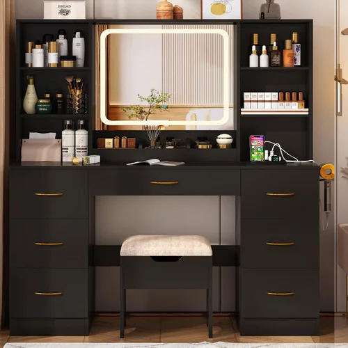 Vista 7 de chartustriable Escritorio grande de maquillaje de 47 pulgadas con espejo LED inteligente y estación de carga, juego de mesa negra con taburete