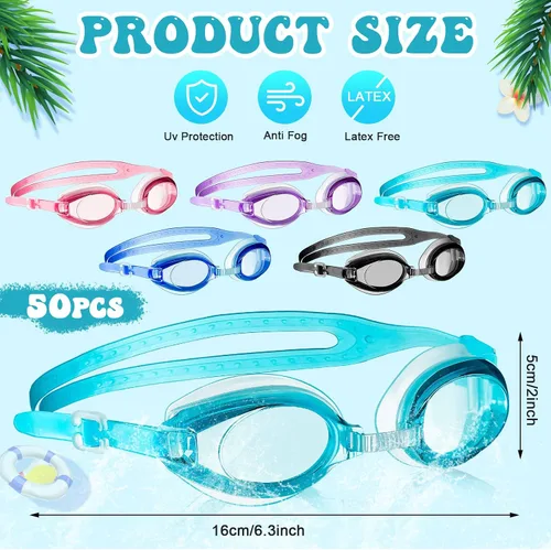 Vista 2 de Hoteam 50 gafas de natación a granel para niños con 8 tapones de nariz con clip para los oídos, sin fugas, antiniebla, gafas de natación