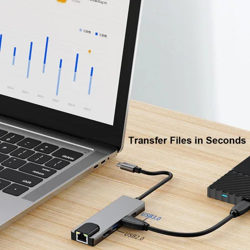 Vista 6 de QCEs Adaptador multipuerto USB C, 5 en 1 USB C a Ethernet HDMI Hub con puerto HDMI Ethernet, puerto USB3.0/2.0, carga PD compatible con MacBook