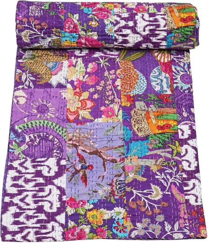 Vista 22 de Marubhumi Colchas hechas a mano tradicional de algodón puro con estampado de cachemira Kantha, funda de cama reversible con estampado de cachemira