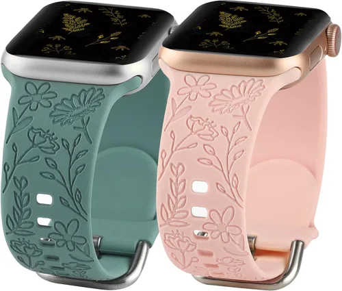 Vista 16 de Paquete de 2 correas deportivas grabadas con flores compatibles con correas de Apple Watch de 1.496 pulgadas, 1.575 pulgadas, 1.614 pulgadas