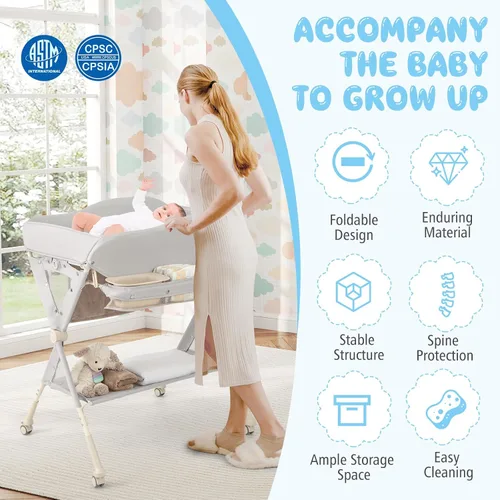 Vista 9 de BABY JOY Cambiador portátil para bebé, estación de cambio de pañales plegable con ruedas, altura ajustable, estante de almacenamiento grande, lavabo