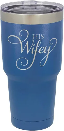 Vista 17 de Taza de viaje de acero con recubrimiento de polvo grabado con láser, con grabado «HIS WIFEY» de 325 ml, sin BPA, para mantener tu bebida fría