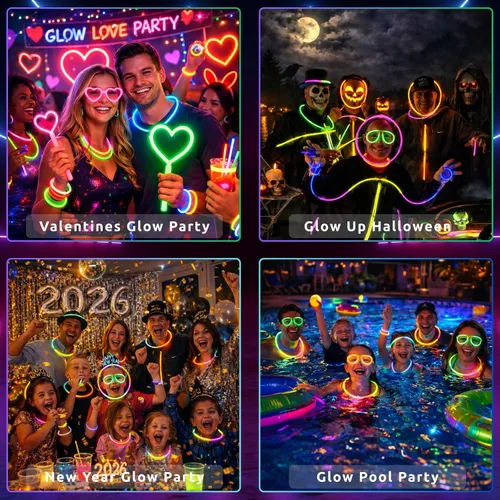 Vista 3 de Ammy Glow Paquete de 205 piezas de palitos brillantes para fiestas a granel - Suministros de fiesta que brillan en la oscuridad con pulseras