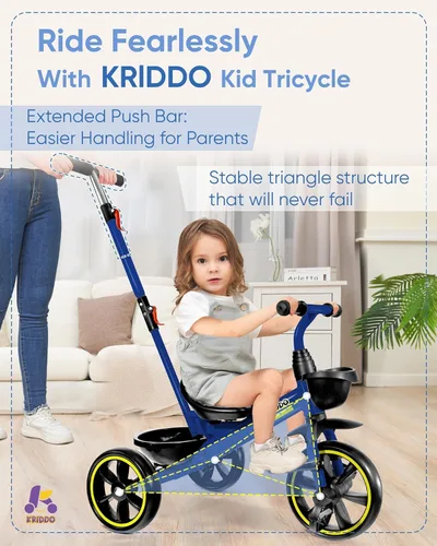 Vista 5 de KRIDDO Triciclo 2 en 1 para niños de 18 meses a 5 años de edad, mango de empuje extendido para empujar sin esfuerzo, triciclo de regalo para niños