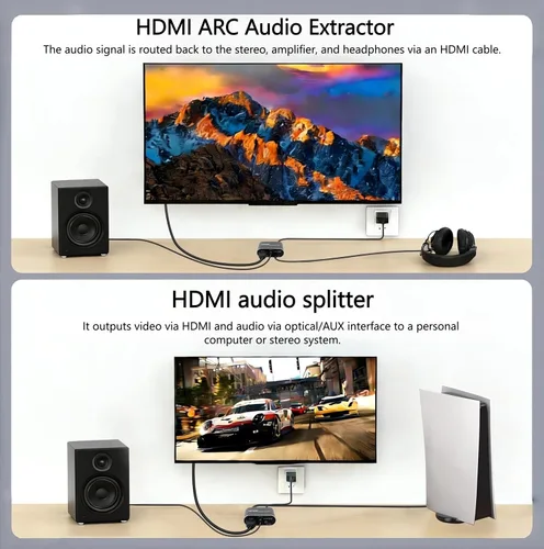 Vista 5 de Convertidor de extractor de audio HDMI ARC 4K60Hz y convertidor eARC compatible con HDMI a óptico SPDIF + conector AUX de 0.138 in adaptador