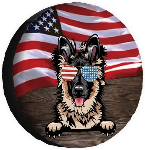 Vista 19 de Cubierta de llanta de repuesto para perro, lapphund finlandés con gafas de sol, bandera estadounidense, fundas protectoras de ruedas a prueba
