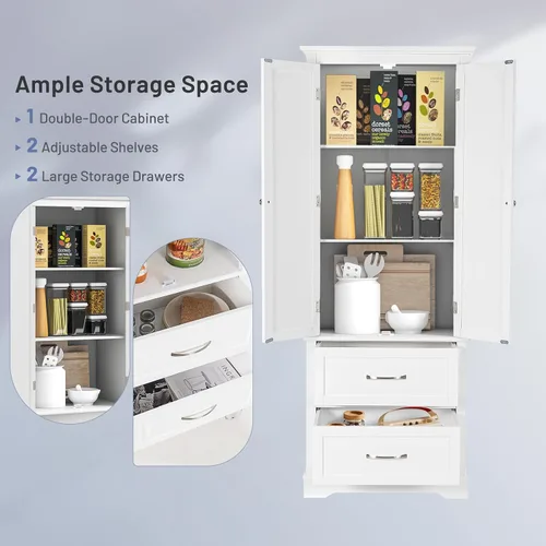 Vista 5 de LOKO Moderno armario alto para despensa de cocina, 62 pies de alto, blanco, grande (24 x 16 x 62 pies), 2 estantes ajustables, 2 cajones grandes