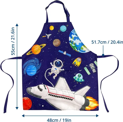 Vista 6 de DECOWALL AP-004 - Delantal para niños, planetas espaciales para niños y niñas, delantales de cocina con bolsillo para niños, cocina, hornear