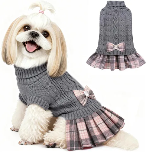 Vista 14 de YUDODO Small Dog Sweater Dress with Bowtie Turtleneck - Knitted Pet Clothes Dusty Pink