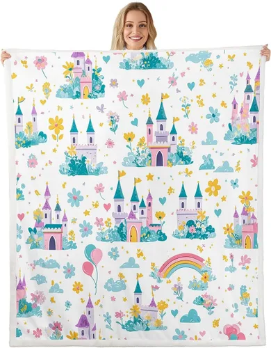 Vista 14 de Princess Flannel Blanket All Seasons,Rainbow Cloud Stars Butterfly Bed Blanket for Kawaii Home Decor,Dreamy Fairy Tale Castle Blanket for Kids Girls