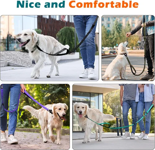 Vista 7 de PetBonus Correa táctica resistente para perro, correa elástica de absorción de impactos de 5 pies con 2 asas acolchadas, clip de metal de liberación