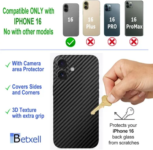 Vista 3 de Compatible con iPhone 16 Skin Wrap 3M Film Protector para lados y espalda (fibra de carbono)