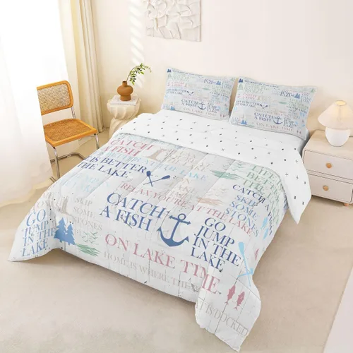 Vista 7 de Juego de edredón Lake House tamaño Twin, juego de ropa de cama náutica de navegación con ancla de 2 piezas para decoración de habitación de niños