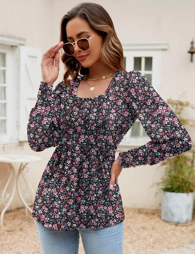 Vista 4 de ZHENWEI Blusa tipo túnica con cuello cuadrado para mujer, manga larga, plisada, holgada, con puños con botones, blusa casual de moda
