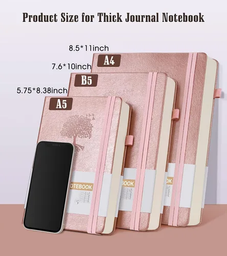 Vista 2 de Cuaderno rayado, 365 páginas B5, diarios grandes para escribir cuaderno a rayas, diarios de cuero de tapa dura rosa para mujeres y hombres, cuaderno
