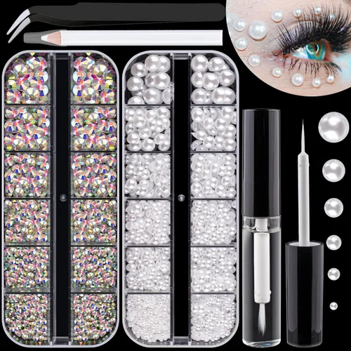 Vista 14 de Kit de diamantes de imitación y perlas con parte trasera plana, cristal redondo AB y gemas blancas transparentes+perlas blancas y beige