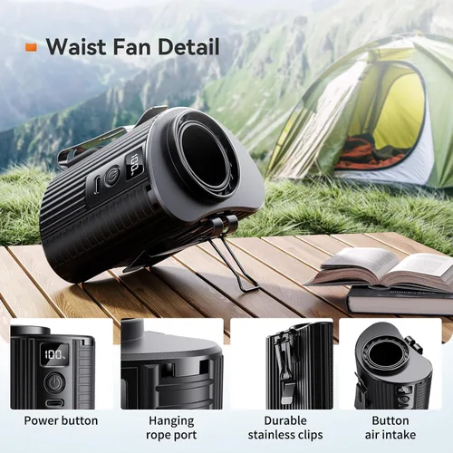 Vista 5 de Doublepow Ventilador portátil, ventilador de cintura recargable, mini ventilador de cinturón de flujo de aire fuerte de 11000 RPM, 5 velocidades