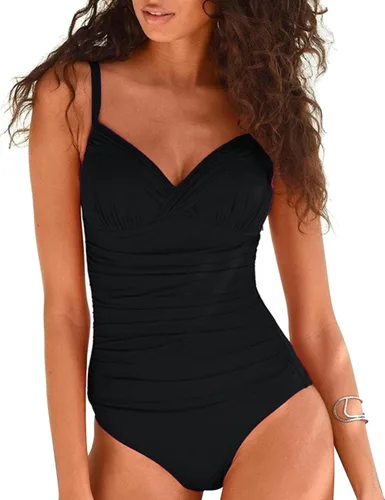 Vista 2 de Hilor - Traje de baño de una pieza para mujer, diseño con cuello en V, parte delantera drapeada y control de abdomen