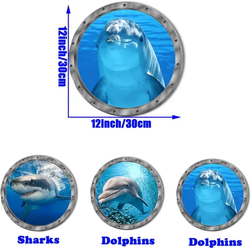 Vista 2 de Decoración del mundo bajo el mar de animales oceánicos, incluye tiburones delfines, 3 unidades, removibles, 3D, adhesivos de vinilo para despegar