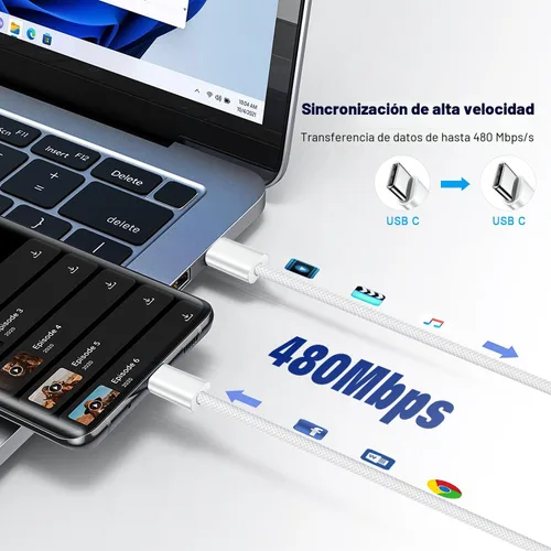Vista 5 de Cable USB C a USB C de 3 pies Certificado Paquete de 2 unidades 60 W usbc Tejido Carga Rápida Tipo C Cargador Compatible con iPhone 17/16 Pro Max