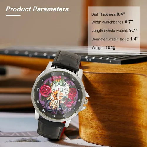 Vista 5 de Diseño especial hermoso cráneo de azúcar floral personalizado unisex correa de cuero de acero inoxidable reloj caja de metal, vidrio templado, banda