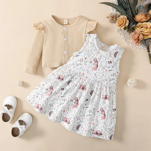 Vista 3 de Toddler Baby Girls Dress and Cardigan Set Baby Girl Cute Animal Print Sleeveless Dress and Coat 2Pcs Outfits Set