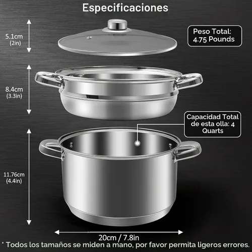Vista 2 de AuFranc® olla de 4 cuartos de acero inoxidable 18/10 de tres capas con tapa de vidrio templado y vaporera, olla a vapor multiusos compatible