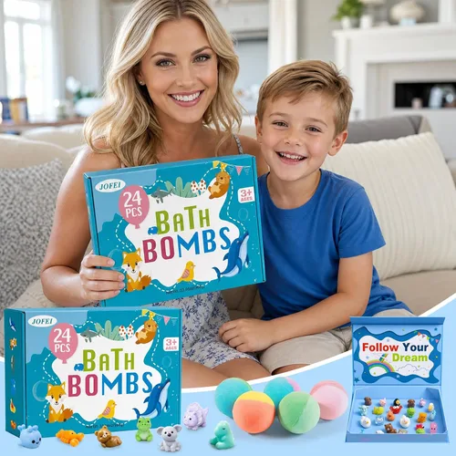 Vista 6 de Bombas de baño para niños con sorpresa en el interior, paquete de 24 bombas de baño para niños con juguetes en el interior, juego de regalo de baño