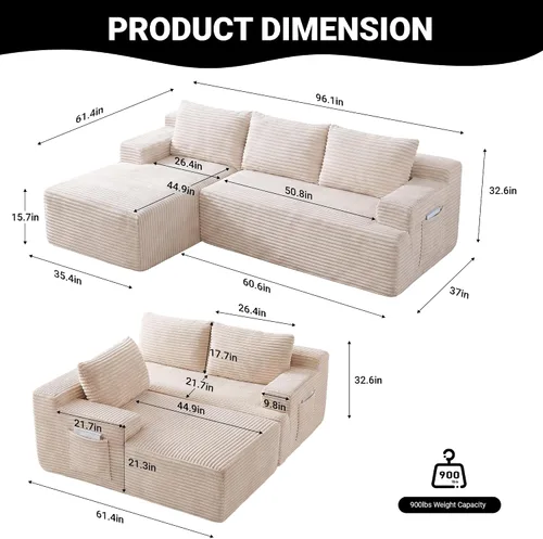 Vista 2 de Sofá modular Cloud de 97 pulgadas, moderno sofá deshuesado con diván, asiento profundo, sofá modular en forma de L, sofás de espuma de pana