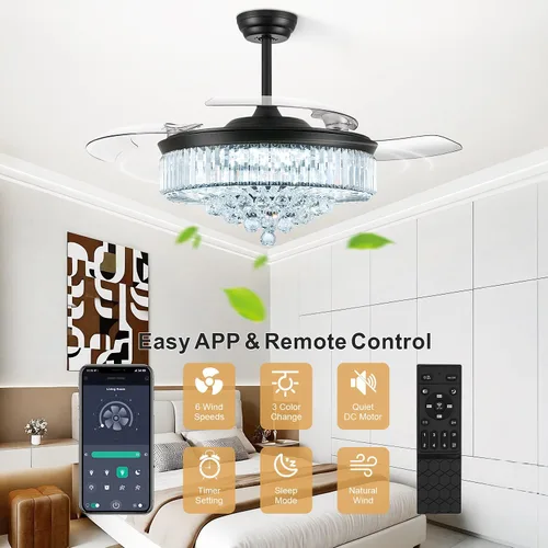 Vista 8 de Ventilador de techo de 42 pulgadas con luz, ventilador retráctil