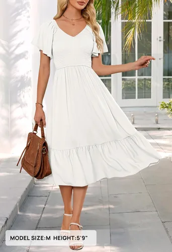 Vista 5 de MEROKEETY Vestido midi casual de verano con cuello en V y mangas fruncidas con volantes y cintura alta con bolsillos