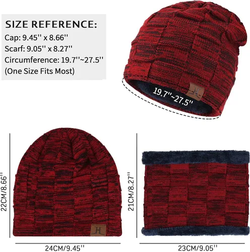 Vista 3 de Conjunto de gorro de invierno para hombre, gorro de punto cálido, gorro de calavera, calentador de cuello con forro polar grueso, gorro de invierno