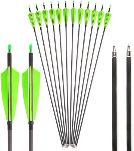 Vista 6 de 6/12 flechas de carbono de tiro con arco de 34 pulgadas, 400 flechas compuestas de caza con plumas de pavo de 4 pulgadas, flecha de práctica