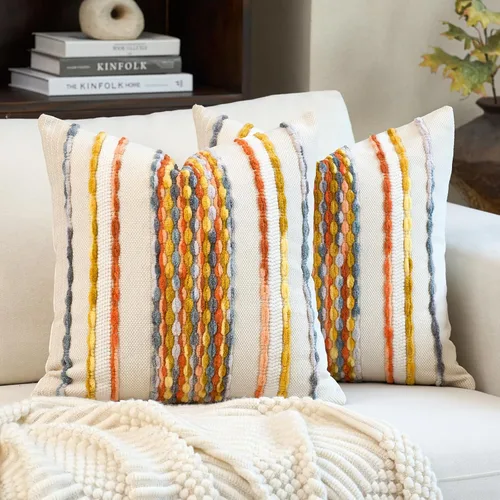 Vista 12 de Aeckself Fundas de almohada bohemias de chenilla con borlas tuftadas de 18x18 pulgadas, juego de 2, fundas decorativas rústicas a rayas cuadradas