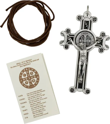 Vista 2 de Rose Scapular Cruz cruzada varonil con medalla de San Benito, Cuero