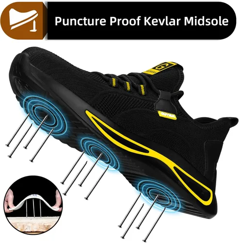 Vista 3 de GLANOUDUN Zapatos con punta de acero para hombre, zapatos de trabajo para hombres, zapatos de seguridad ligeros y cómodos, puntera de acero, zapatos