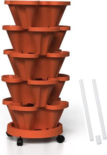 Vista 32 de Macetas verticales de fresa, paquete de 2 unidades, torre apilable de 5 niveles con poste de soporte, macetas apilables para hierbas y verduras