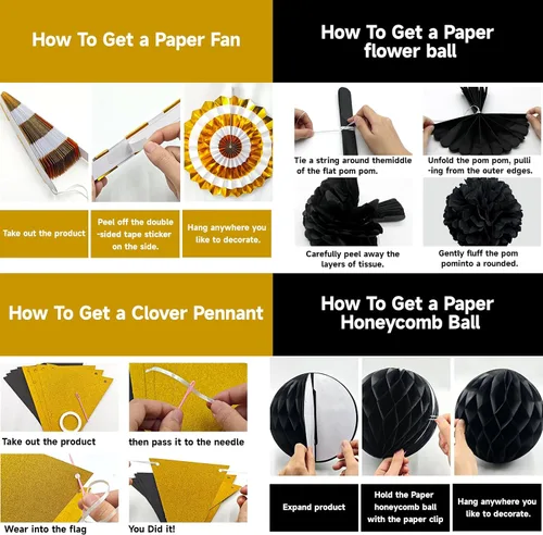 Vista 7 de 24 decoraciones de fiesta negras y doradas, abanicos de papel, guirnaldas de pompones de panal, suministros colgantes reutilizables para graduación