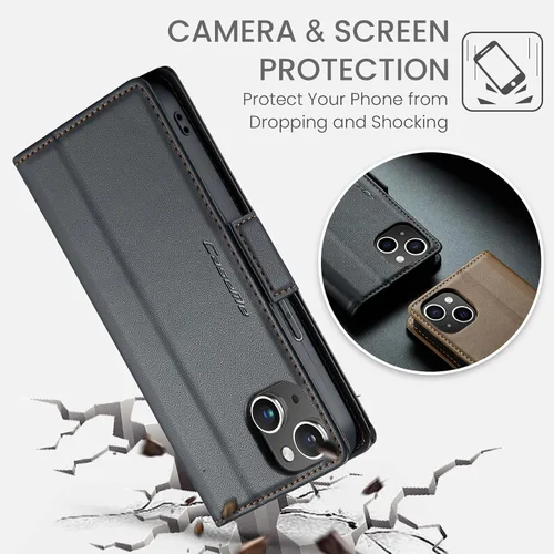 Vista 6 de SINIANL - Funda tipo cartera para iPhone 15 con bloqueo RFID, color negro Magnetic Clasp Leather Book Folio, Shockproof Protective Card Holder