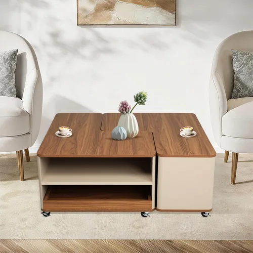 Vista 3 de Mesa de centro de granja con almacenamiento, mesa auxiliar rectangular de forma ajustable, mesa central con 8 ruedas y 2 cajones, mesa de centro