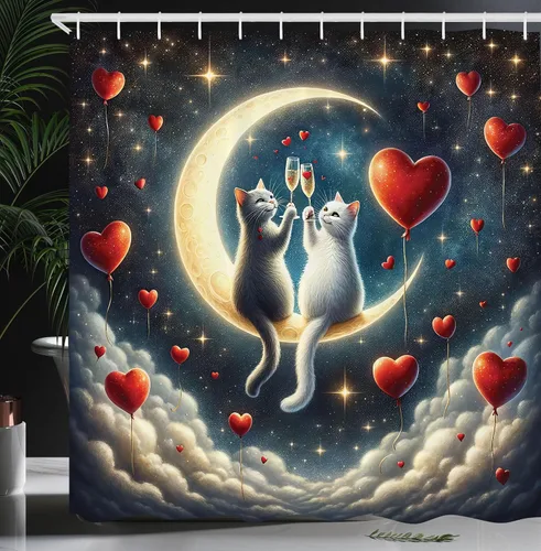 Vista 34 de Ambesonne Cortina de ducha de gato, diseño bohemio de estilo étnico con poses de gatitos sentados y acostados, juego de decoración de baño de tela