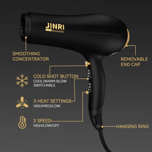 Vista 5 de JINRI Secador de pelo – Secador de pelo de alta velocidad CA negativo iónico de alta velocidad para salón y uso personal – Potente, con difusor