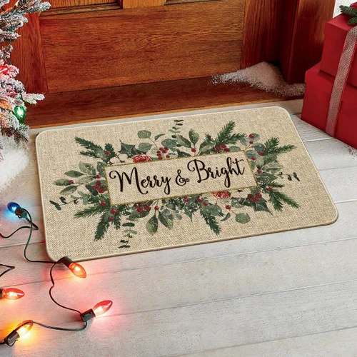 Vista 2 de Artoid Mode Merry&Bright Tapete de Puerta de Navidad con Hojas de Eucalipto y Acebo, Decoración del Hogar de Invierno y Navidad, Alfombra