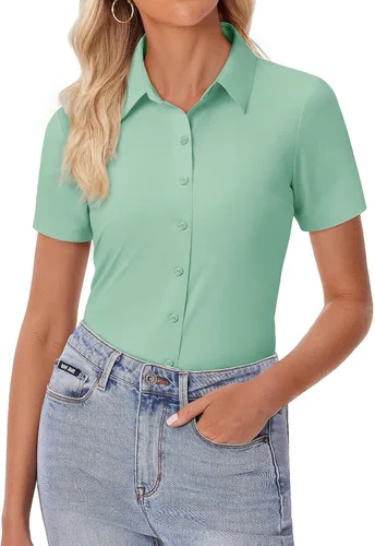 Vista 12 de siliteelon Camisa de vestir con botones para mujer, ajustada, elástica, de manga corta, sin arrugas, sólida, formal, para el trabajo