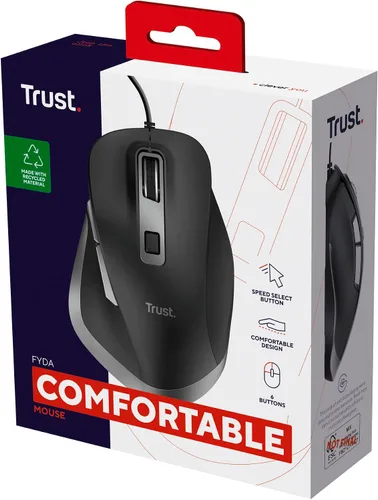 Vista 10 de Trust Fyda - Mouse USB para computadora fabricado con materiales reciclados, 600-5000 DPI, 6 botones, soporte para pulgar, mouse ergonómico