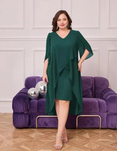 Vista 9 de Hanna Nikole Vestido de cóctel de gasa para mujer, talla grande, con volantes, manga 34, vestidos de fiesta de invitados de boda con dobladillo alto